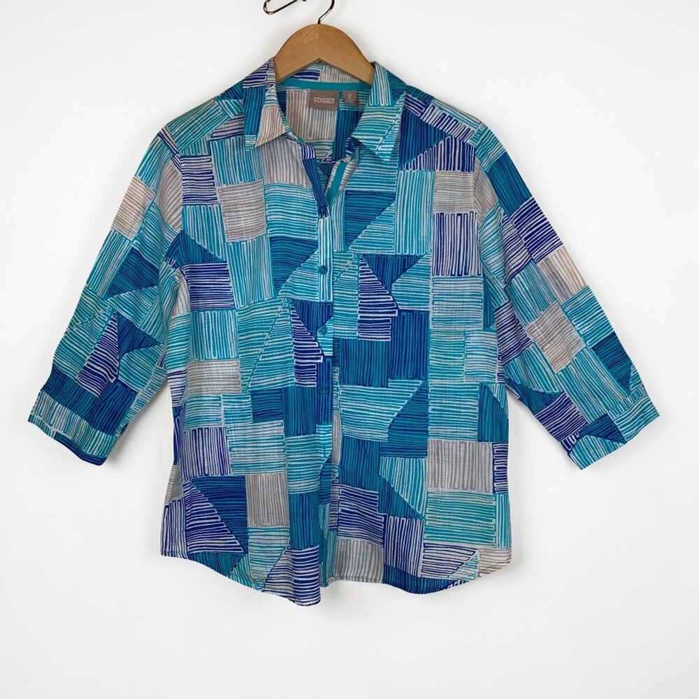 Chico’s Blue Geometric Print Button Up Shirt 100% Cotton Size 2 (Large/12)